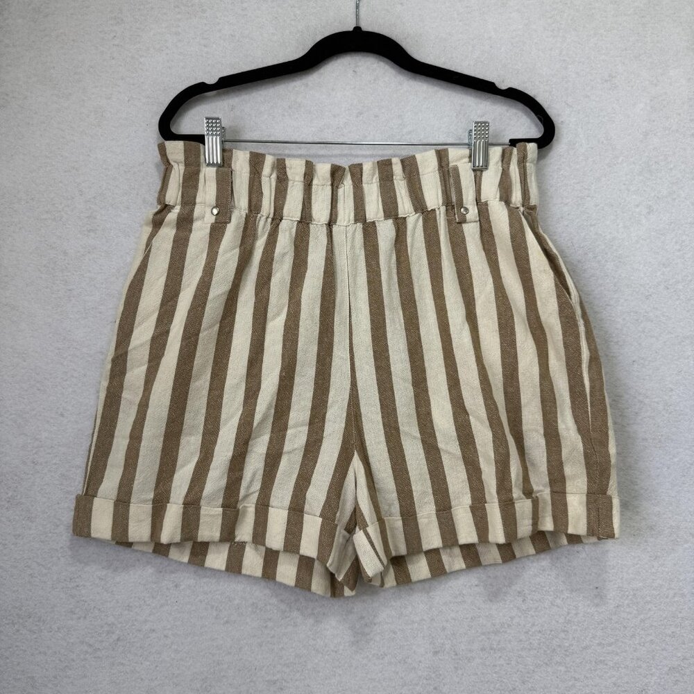 RD Style Shorts Womens Large Brown Beige Striped Paperbag Waist Cotton Cuffed